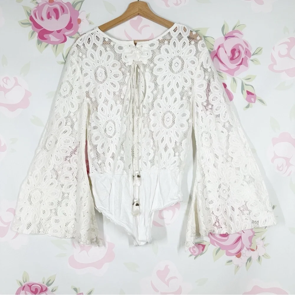 NEW Free People Intimately Better With Time Floral Lace Ivory Bodysuit Top S